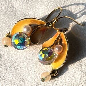 Vintage Ben Amun Signed Golden Paisley Drops Disco Ball Earrings